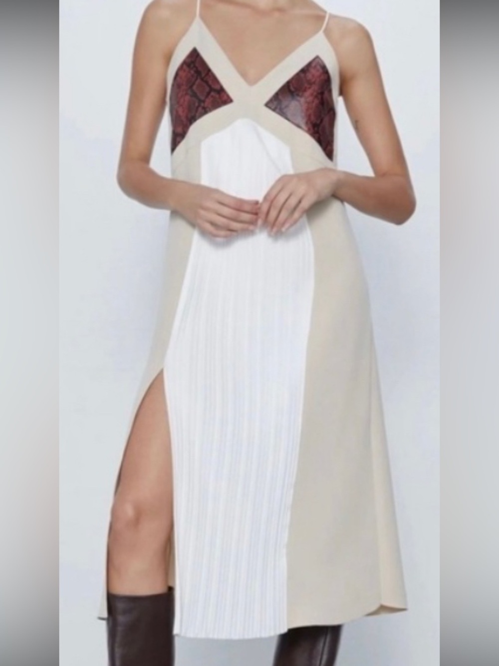 Zara Combined Midi Dress- Cream/Ecru Slip w/ Contrast Snake Print Bodice: M - Picture 4 of 10